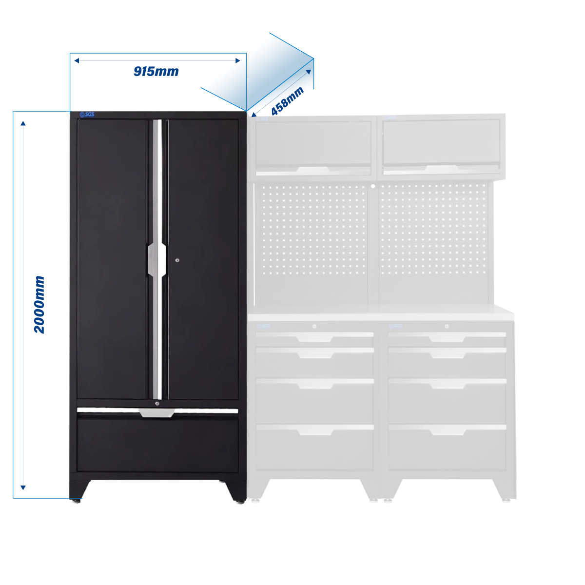 SGS 7pc Modular Garage Storage | 8 Drawers | Stainless Steel Worktop | 2x Upper Cabinets | Tall Double Cabinet with Drawer